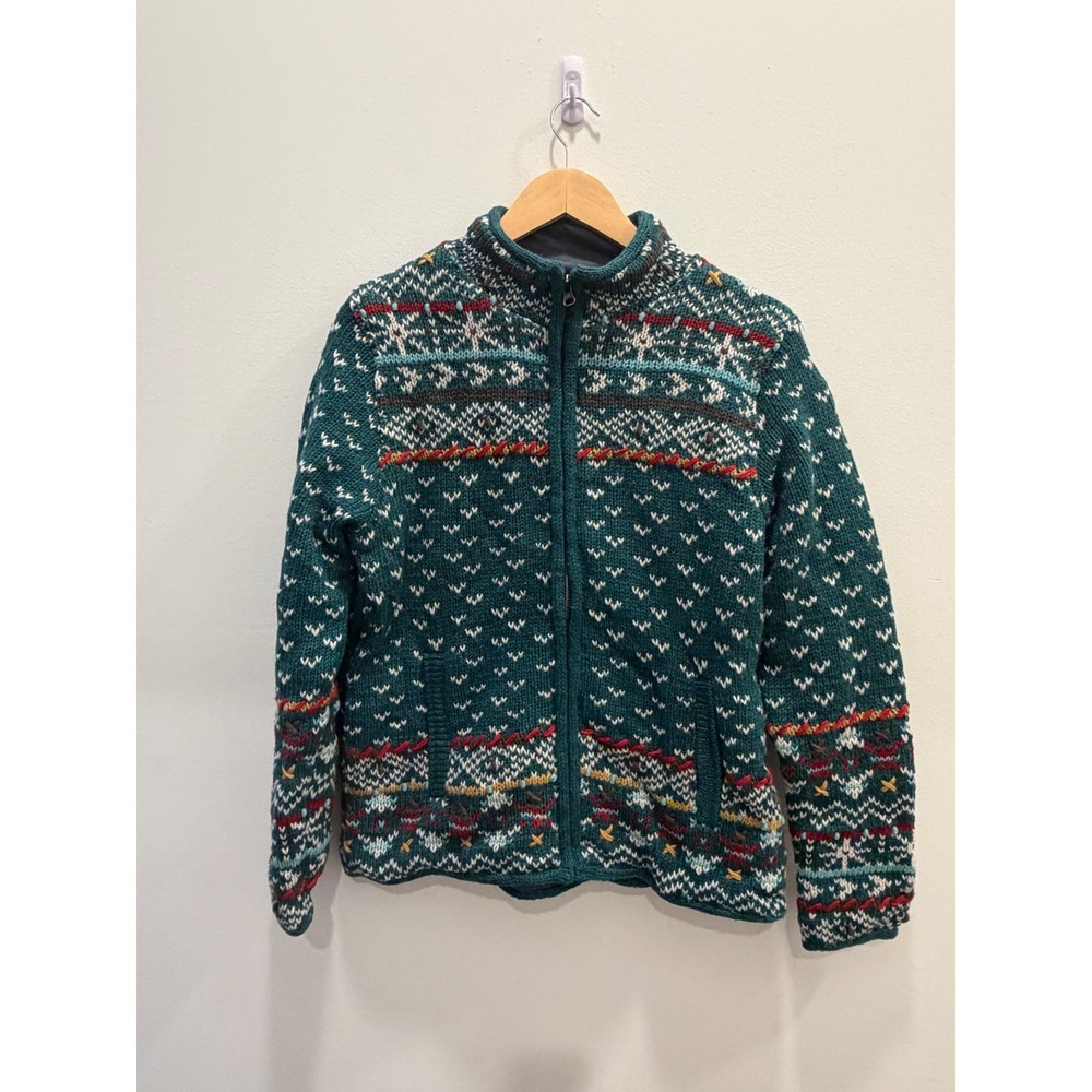 Lost Horizons Wool Sweater Jacket L Green Fair Isle Hand Knit Nepal Full Zip